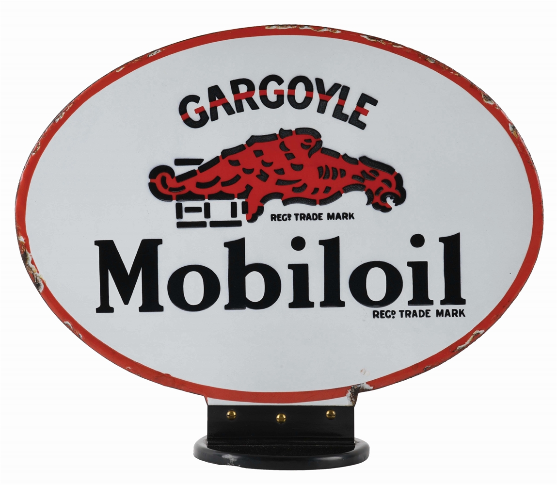 GARGOYLE MOBILOIL PORCELAIN CABINET SIGN W/ GARGOYLE GRAPHIC. 