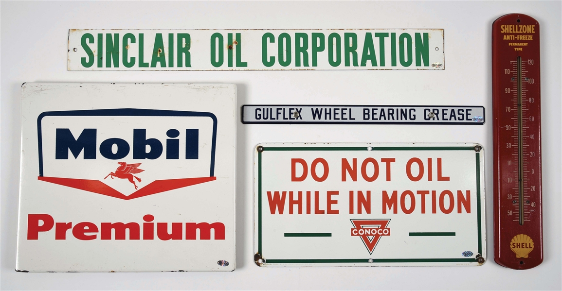 LOT OF FIVE: PORCELAIN & TIN GAS & OIL SIGNS. 