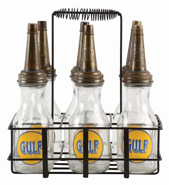 SET OF SIX GULF SERVICE STATION GLASS OIL BOTTLES W/ METAL CARRYING RACK. 
