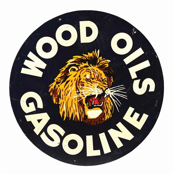 RARE WOOD OILS & GASOLINE TIN SERVICE STATION SIGN. 