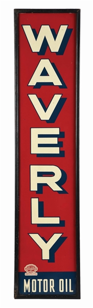 WAVERLY MOTOR OIL TIN VERTICAL SIGN W/ ORIGINAL WOOD FRAME. 