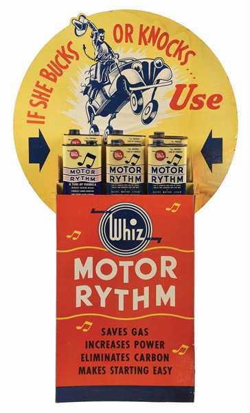 WHIZ MOTOR RYTHM CARDBOARD STORE DISPLAY W/ SIX MOTOR RYTHM CANS. 