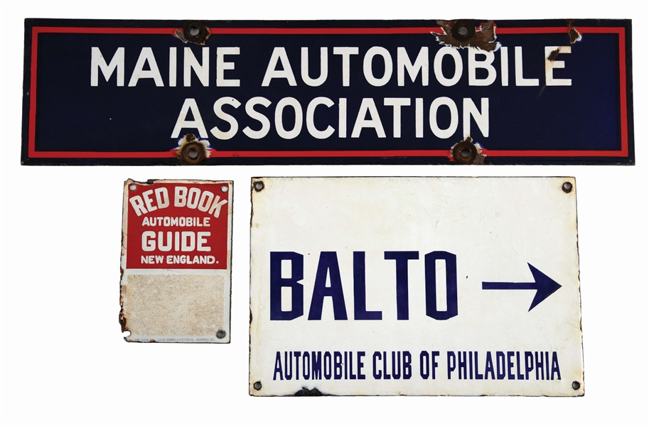 LOT OF THREE: AUTOMOBILE CLUB & ASSOCIATION PORCELAIN SIGNS. 