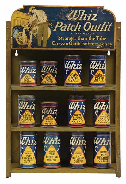 WHIZ PATCH OUTFIT STORE DISPLAY W/ TWELVE TIRE PATCH CANS. 