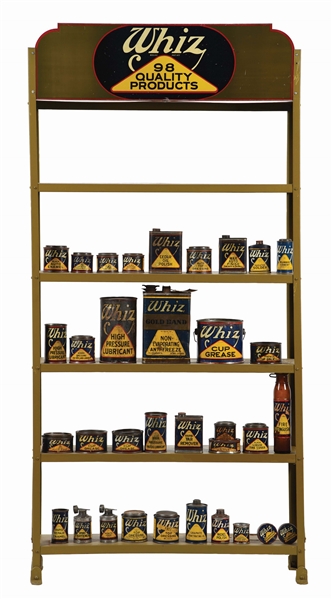 WHIZ 98 QUALITY PRODUCTS METAL STORE DISPLAY W/ THIRTY FOUR ORIGINAL WHIZ PRODUCTS CANS. 