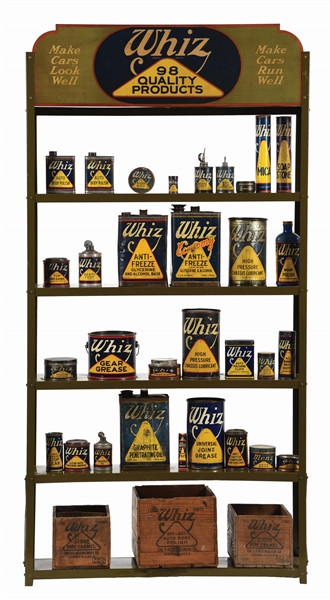 WHIZ 98 QUALITY PRODUCTS METAL STORE DISPLAY W/ THIRTY TWO ORIGINAL WHIZ PRODUCTS CANS & WOODEN CRATES. 
