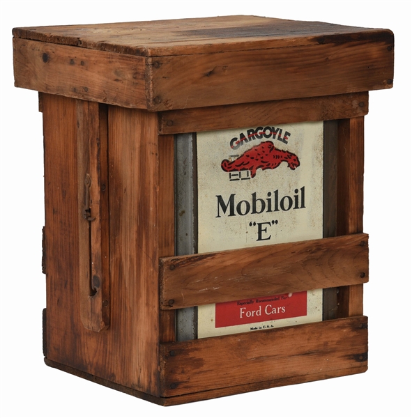 GARGOYLE MOBILOIL E FOR FORDS FIVE GALLON SQUARE CAN IN WOODEN NOVELTY CAN POURING CRATE. 