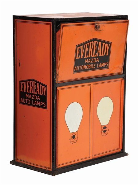 EVEREADY MAZDA AUTOMOBILE LAMPS TIN STORE DISPLAY PARTS CABINET. 