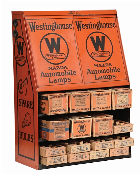 WESTINGHOUSE MAZDA AUTOMOBILE LAMPS TIN COUNTERTOP STORE DISPLAY CABINET. 
