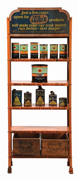 WHIZ AUTOMOTIVE PRODUCTS STORE DISPLAY RACK W/ TWELVE ORIGINAL WHIZ CANS & PRODUCT CRATES. 