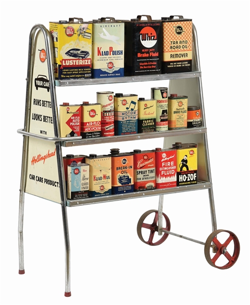 WHIZ CAR CARE PRODUCTS SERVICE STATION CAN DISPLAY W/ TWENTY ONE ORIGINAL CANS. 