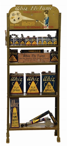 RARE WHIZ FLY FUME TIN STORE DISPLAY RACK W/ TIN SIGN & WHIZ PRODUCTS CANS. 