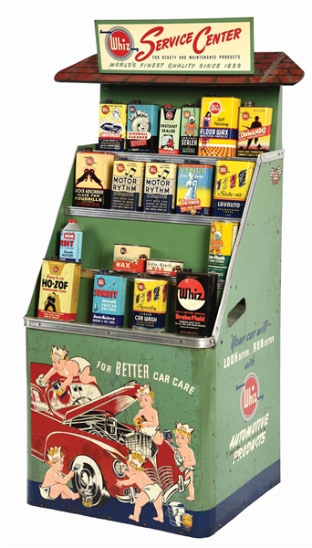 WHIZ SERVICE CENTER TIN AUTOMOTIVE PRODUCTS DISPLAY W/ TWENTY TWO INDIVIDUAL PRODUCT CANS. 