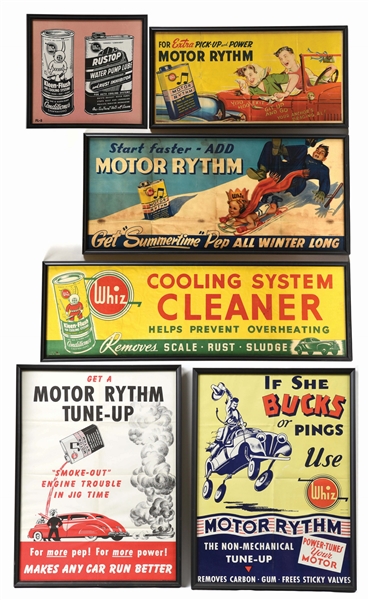 LOT OF SIX: FRAMED PAPER ADVERTISEMENTS FROM WHIZ AUTOMOTIVE PRODUCTS. 