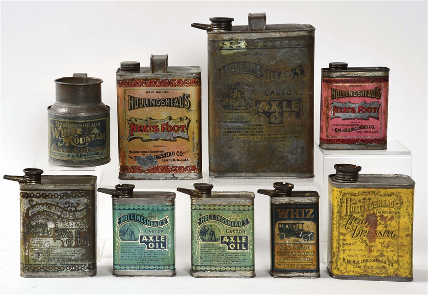 LOT OF NINE: EARLY HOLLINGSHEAD & WHIZ OIL CANS. 
