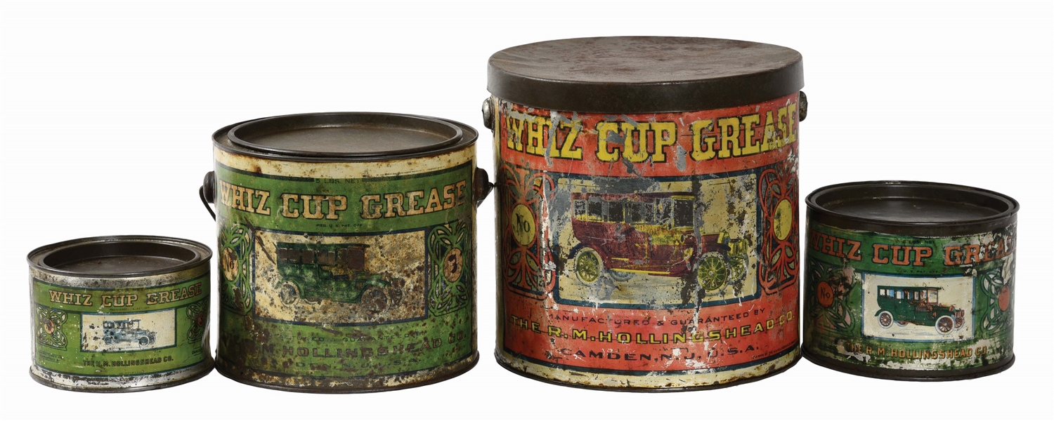LOT OF FOUR: WHIZ CUP GREASE 1, 2, 5 & 10 POUND CANS W/ AUTOMOTIVE GRAPHICS. 
