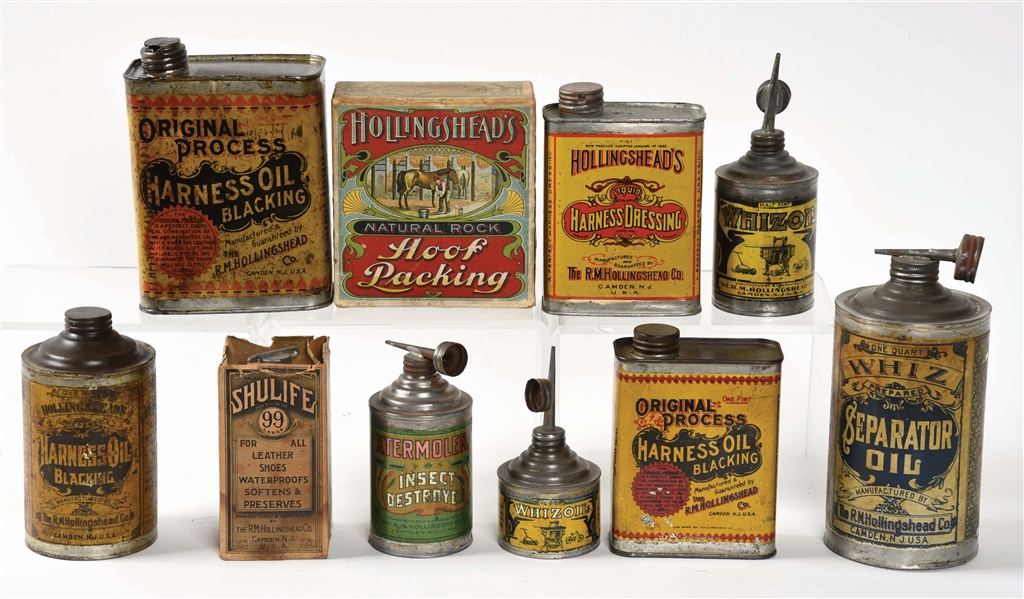 LOT OF TEN: WHIZ & HOLLIGSHEAD OIL & DRESSING CANS. 
