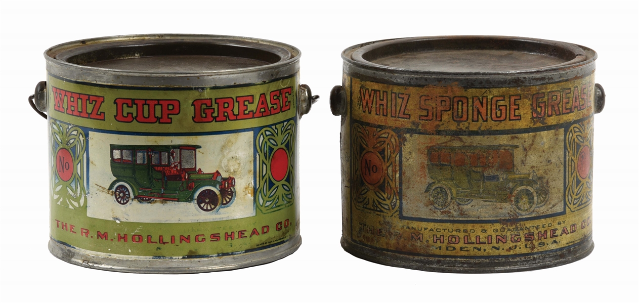 LOT OF TWO: WHIZ CUP & SPONGE GREASE CANS W/ AUTOMOTIVE GRAPHIC. 