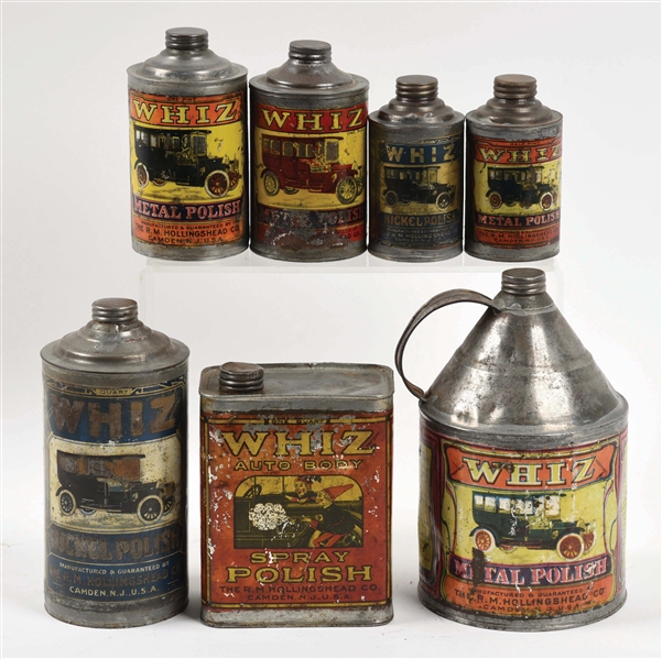 LOT OF SEVEN: EARLY WHIZ AUTOMOTIVE POLISH PRODUCTS CANS. 