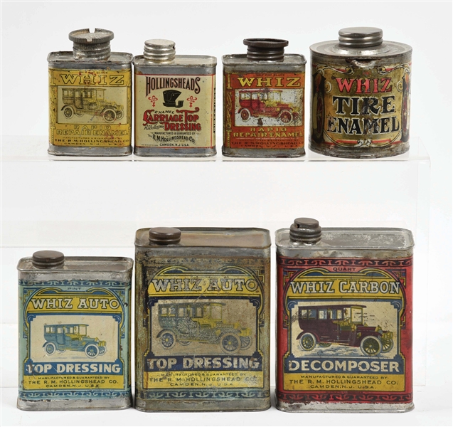 LOT OF SEVEN: EARLY WHIZ & HOLLINGSHEAD AUTOMOTIVE PRODUCTS CANS. 