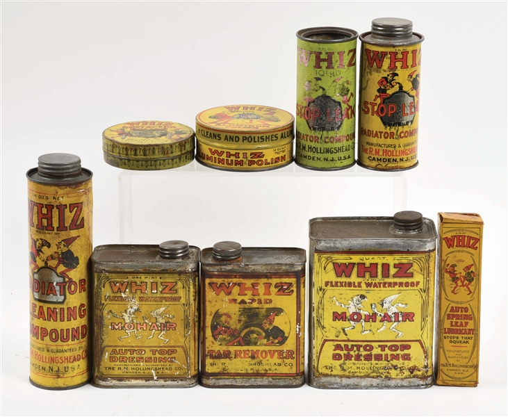 LOT OF NINE: EARLY WHIZ AUTOMOTIVE PRODUCT CANS. 