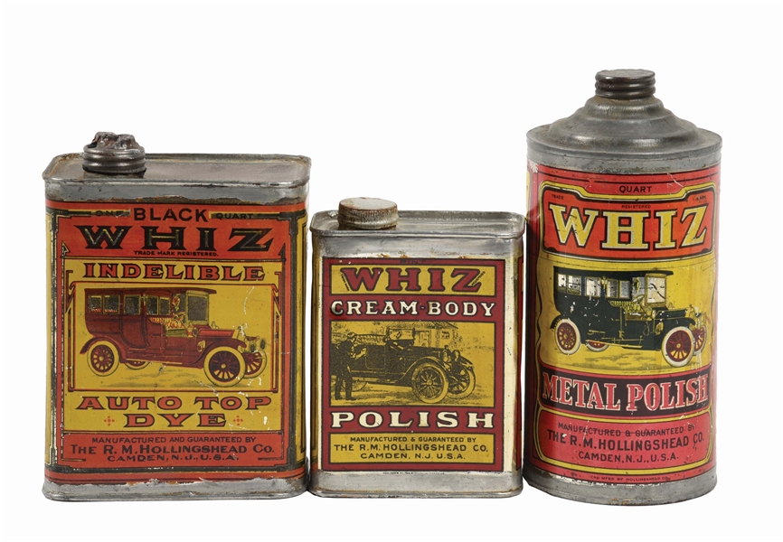 LOT OF THREE: WHIZ AUTOMOTIVE PRODUCTS CANS W/ AUTOMOBILE GRAPHICS. 