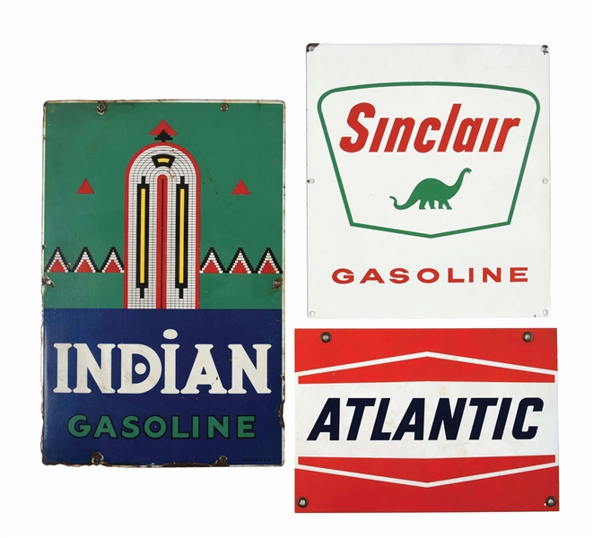 LOT OF THREE: PORCELAIN PUMP SIGNS FROM ATLANTIC, INDIAN & SINCLAIR. 