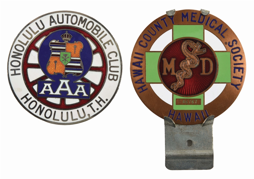 LOT OF TWO: HAWAII AUTO CLUB & MEDICAL SOCIETY CLOISONNE LICENSE PLATE TOPPERS. 