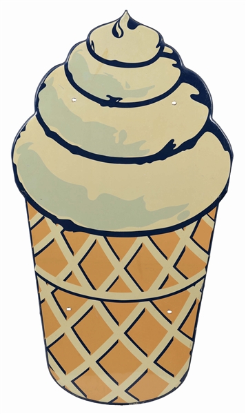 LARGE DIE CUT TIN ICE CREAM CONE SIGN W/ EMBOSSED COOKIE CUTTER EDGE. 