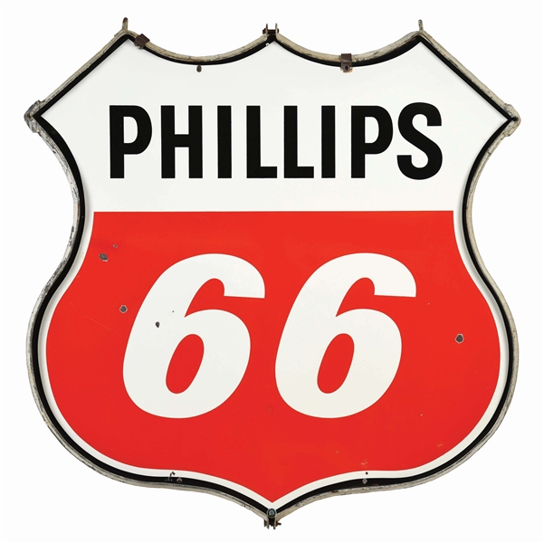 PHILLIPS 66 GASOLINE PORCELAIN SHIELD SIGN W/ ORIGINAL METAL RING. 