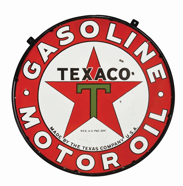 TEXACO GASOLINE & MOTOR OIL PORCELAIN SIGN W/ METAL RING. 