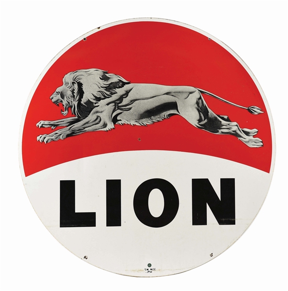 LION GASOLINE PORCELAIN SIGN W/ LEAPING LION GRAPHIC. 