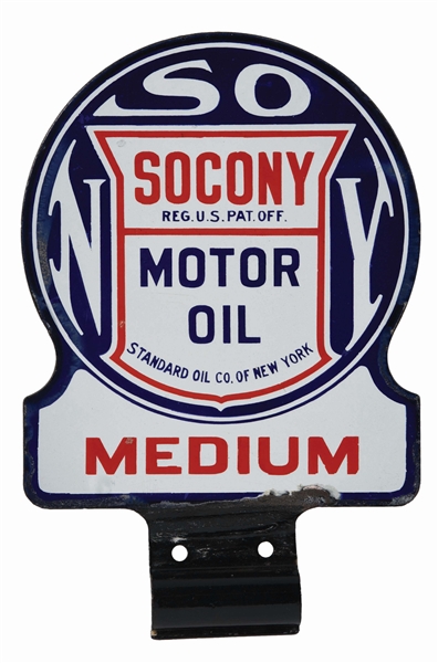 SOCONY MEDIUM MOTOR OIL PORCELAIN LUBSTER PADDLE SIGN.