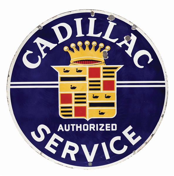 CADILLAC AUTHORIZED SERVICE PORCELAIN SIGN W/ CREST GRAPHIC.