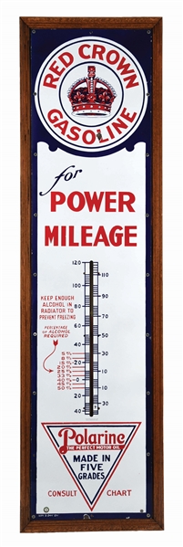 RED CROWN GASOLINE FOR POWER MILEAGE PORCELAIN THERMOMETER W/ WOOD FRAME. 