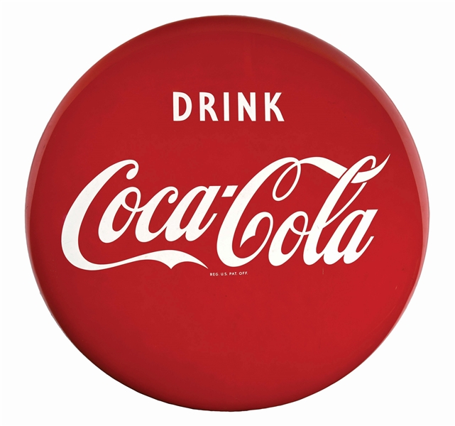 LARGE DRINK COCA COLA PAINTED TIN BUTTON SIGN. 