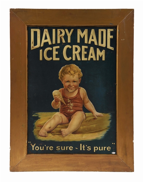 DAIRY MADE ICE CREAM EMBOSSED TIN SIGN W/ WOOD FRAME. 