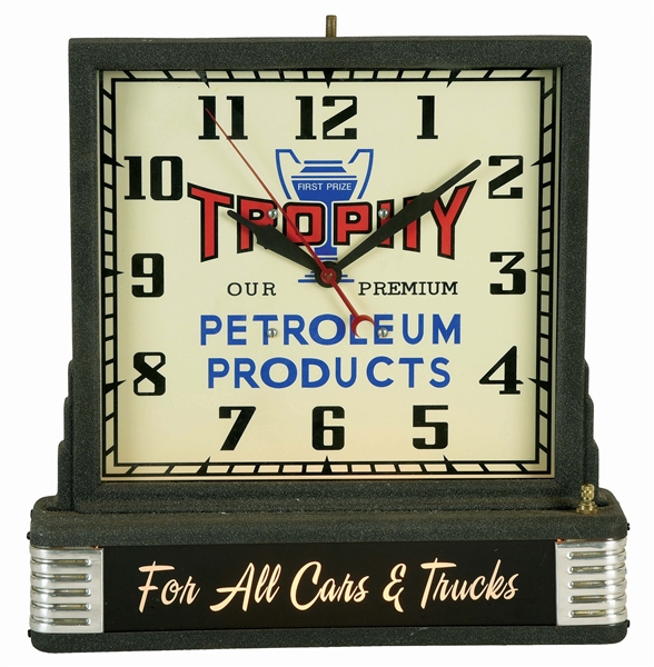 TROPHY PETROLEUM PRODUCTS LIGHT UP DISPLAY CLOCK. 