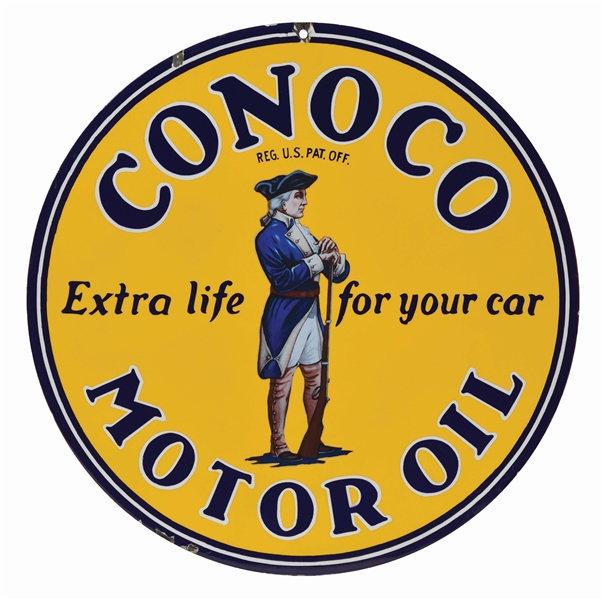 RARE CONOCO MOTOR OIL PORCELAIN SERVICE STATION SIGN W/ MINUTEMAN GRAPHIC.