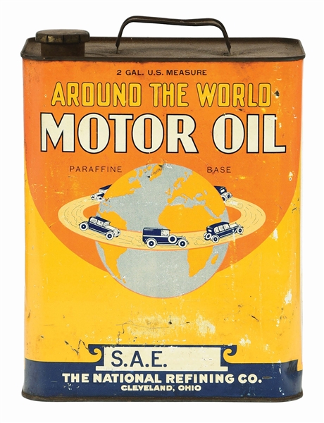AROUND THE WORLD MOTOR OIL TWO GALLON CAN. 