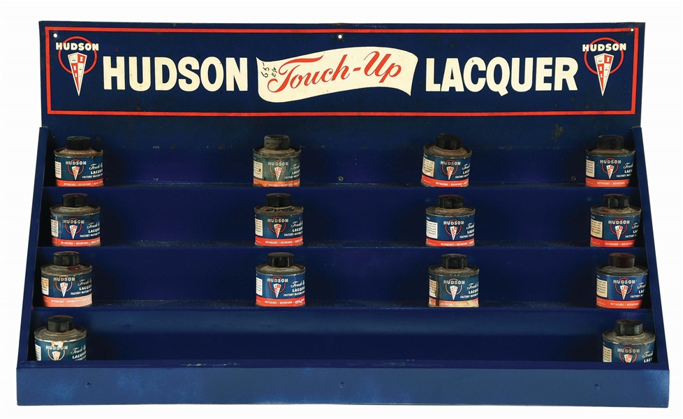 HUDSON AUTOMOBILES TOUCH UP LACQUER TIN STORE DISPLAY W/ LACQUER BOTTLES. 