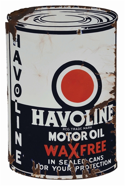 HAVOLINE WAX FREE MOTOR OIL DIE CUT PORCELAIN FLANGE SIGN. 