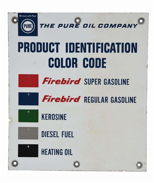 PURE GASOLINE FUEL COLOR CODE PORCELAIN SIGN. 