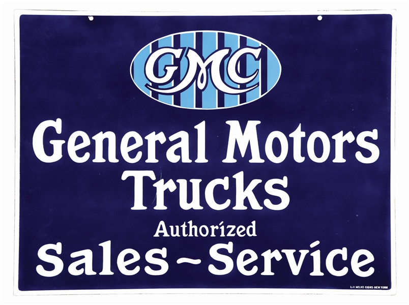 GMC TRUCKS SALES & AUTHORIZED SERVICE PORCELAIN SIGN.
