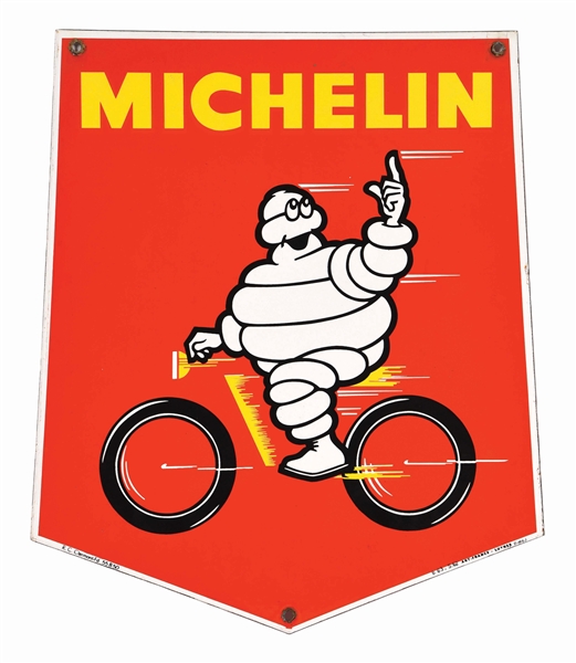 OUTSTANDING MICHELIN TIRES PORCELAIN SIGN W/ MOTORCYCLE GRAPHIC.