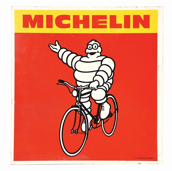MICHELIN TIRES TIN FLANGE SIGN W/ BICYCLE GRAPHIC. 