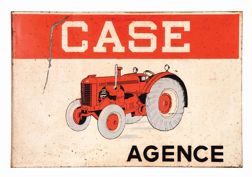 CASE TRACTORS AGENCY TIN FLANGE SIGN W/ TRACTOR GRAPHIC. 