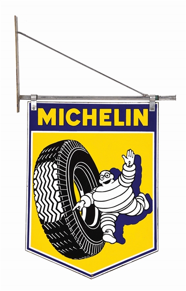 OUTSTANDING MICHELIN TIRES PORCELAIN SIGN W/ TIRE GRAPHIC & ORIGINAL MOUNTING BRACKET. 