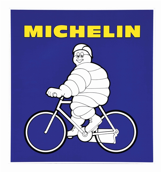 OUTSTANDING NEW OLD STOCK MICHELIN TIRES TIN FLANGE SIGN W/ BICYCLE GRAPHIC.