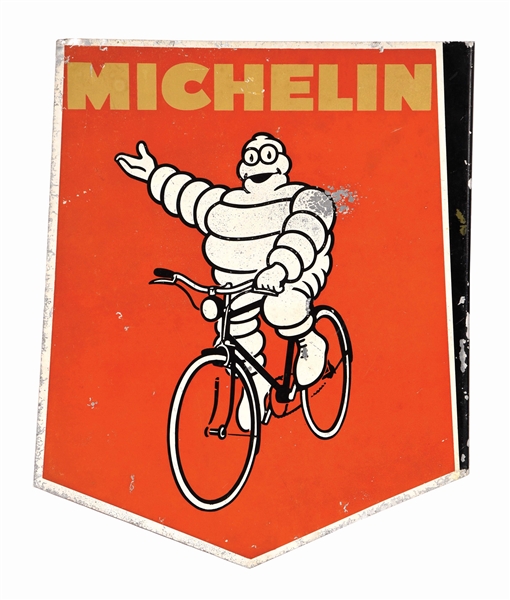 MICHELIN TIRES TIN FLANGE SIGN W/ BICYCLE GRAPHIC. 